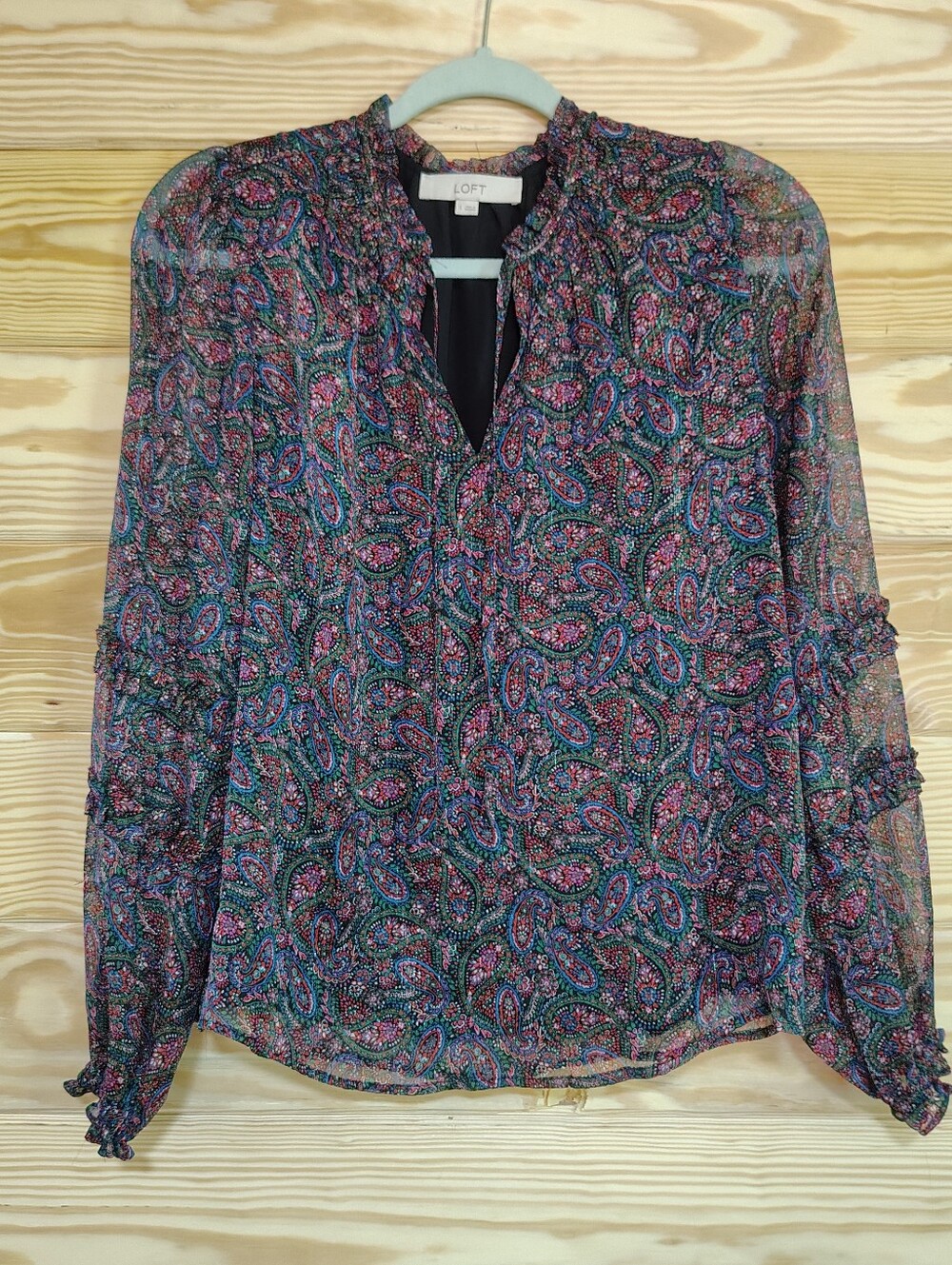 LOFT Small Top Paisley Sheer Chiffon Metallic Ruffle Long Sleeve Boho Peasant